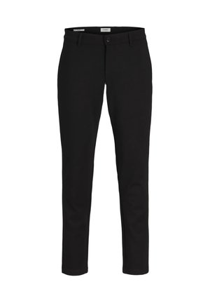 Černé slim-fit kalhoty s hladkou texturou látky, rovnými nohavicemi, předním zapínáním na knoflík a standardními poutky na opasek. Bez viditelných vzorů.