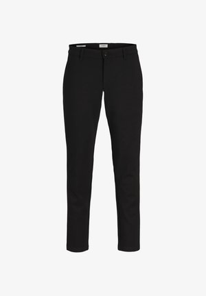 Juodi aptempti kelnių tipo kelnės su lygia audinio tekstūra, tiesiomis kojomis, priekyje esančia mygtukų uždarymo sistema ir įprastiniais diržo kilpos. Nėra matomų raštų.