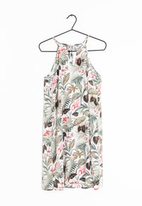 Ärmelloses Kleid mit Blumenmuster in den Farben Grün, Pink und Braun, aus leichtem Stoff und mit einem Schlüssellochdesign am Ausschnitt.