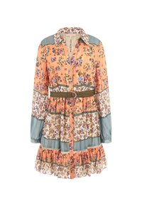 Gėlių rašto marškininė suknelė persikų spalvos su mėlynai pilkiais akcentais. Turinti apykaklę, ilgomis rankovėmis, mygtukų užsegimą priekyje, juosmenį su diržu ir raukšlėtą apatinę dalį.