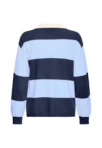 Tamsiai mėlynos ir šviesiai mėlynos juostelės megztinis su kreminiu apykakle, ilgomis rankovėmis ir laisvu siluetu. Pagamintas iš minkštos megztos medžiagos.