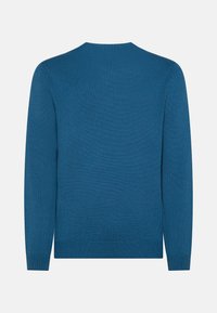 Maglione azzurro lavorato a maglia con maniche lunghe, scollatura rotonda e orlo a coste. Caratterizzato da una trama morbida e un motivo uniforme su tutta la stoffa.