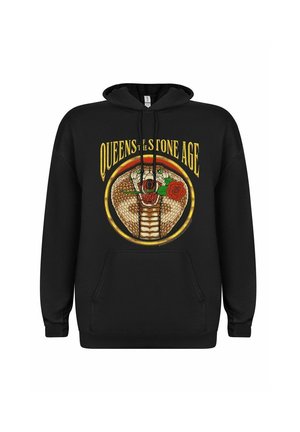Sort hættejakke med et slangemotiv i midten, omgivet af roser og vintage typografi med teksten "QUEENS OF THE STONE AGE."