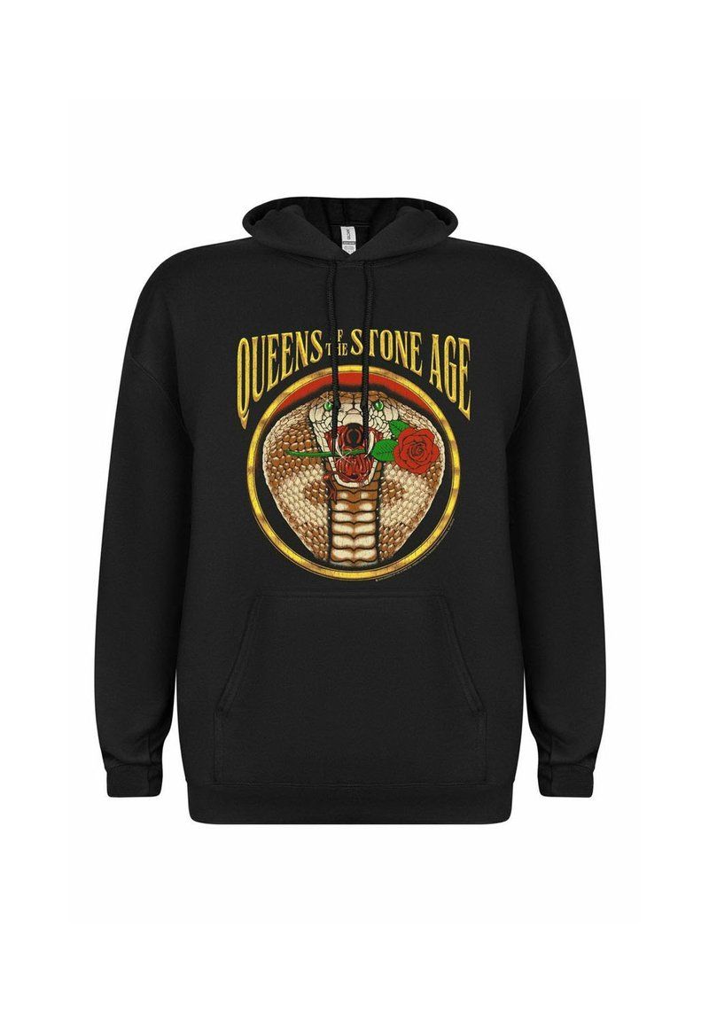 Sudadera negra con un gráfico de una serpiente en el centro, rodeada de rosas y tipografía vintage con "QUEENS OF THE STONE AGE."
