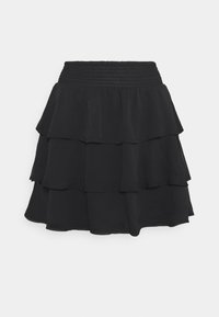 Svart, lager-på-lager kjol med tre volanglager, smockad midja och flödande tyg. Lättviktig och knälång design.