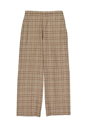 Pantalon large à carreaux beige et marron, taille haute et coupe droite.