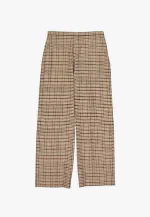 Pantalon large à carreaux beige et marron, taille haute et coupe droite.