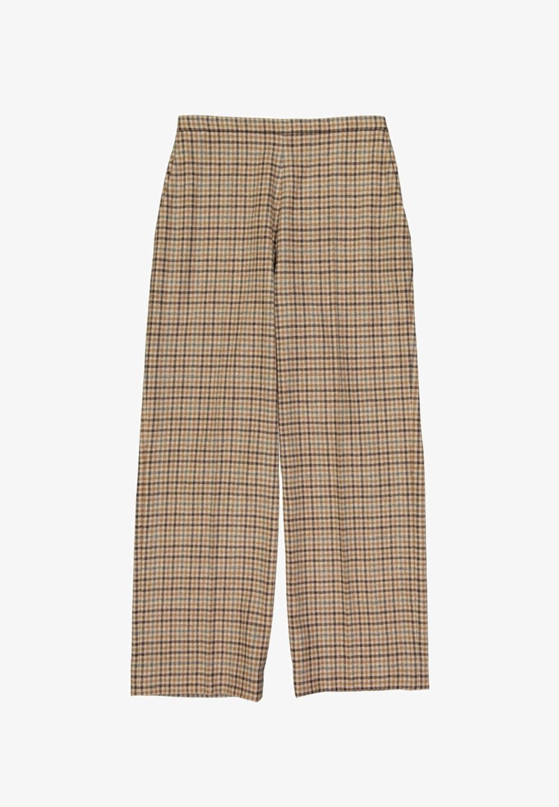 Pantalon large à carreaux beige et marron, taille haute et coupe droite.