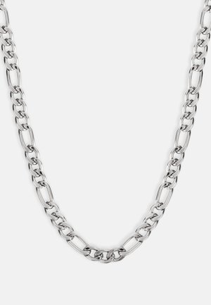 Hõbedane kettkaelakee, mis sisaldab vahelduvaid ovaalseid ja ümmarguseid linke läikiva viimistlusega, esitleb sujuvat tekstuuri ja ühtlast disaini.