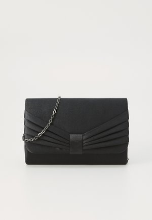 Black clutch bag with pleated design, made of textured material. Features a slim chain strap and a rectangular shape with a magnetic closure.