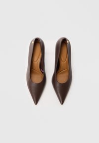 Brune skinnpumper med spiss tå og mandelformet åpning. Har en tan fotseng og en liten gullaccent på siden. Glatt tekstur.