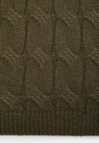 Tissu tricoté vert foncé avec un grand motif en torsades et un bord côtelé en bas.