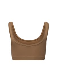 Bralette marrón sin costuras con tirantes anchos, escote en forma de scoop y una textura suave. Presenta una silueta ajustada y costuras mínimas.