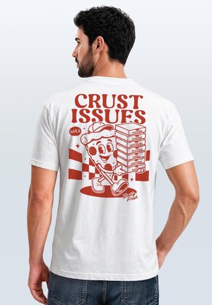 Man wearing white t-shirt with red graphic of smiling pizza holding stacked pizza boxes labeled with days of the week and text "Crust Issues".