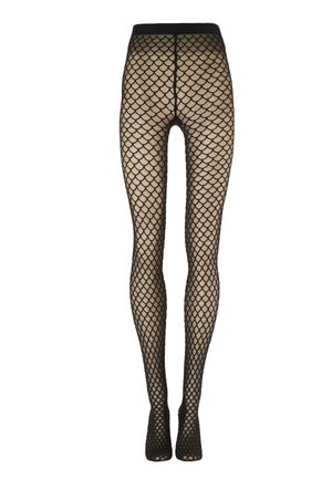 Zwarte visnetpanty's met een scallop-patroon en een effen tailleband, van voren getoond tegen een witte achtergrond.