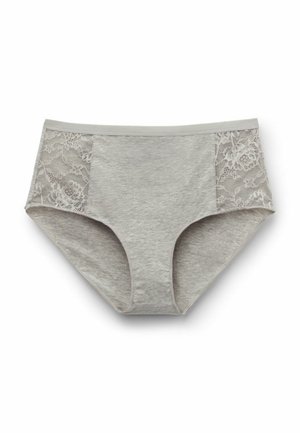 Hellgraue Damen-Slips mit floralen Spitzeneinsätzen an jeder Seite, gefertigt aus weichem Stoff, auf weißem Hintergrund präsentiert.