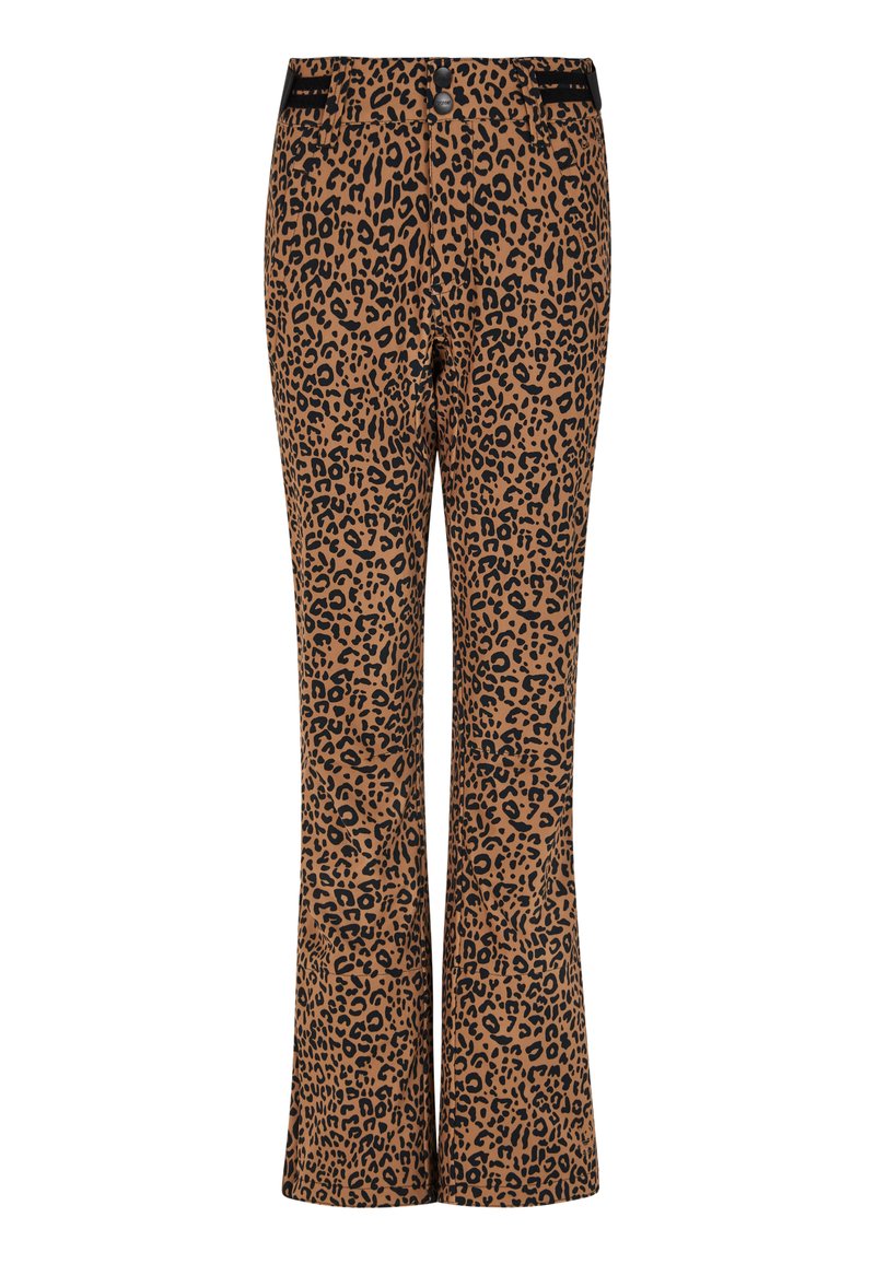 Hlače s leopard uzorkom, rasirene u smeđoj i crnoj boji, s kopčanjem na dugme i dva prednja džepa. Izrađene su od glatkog, rastezljivog materijala.