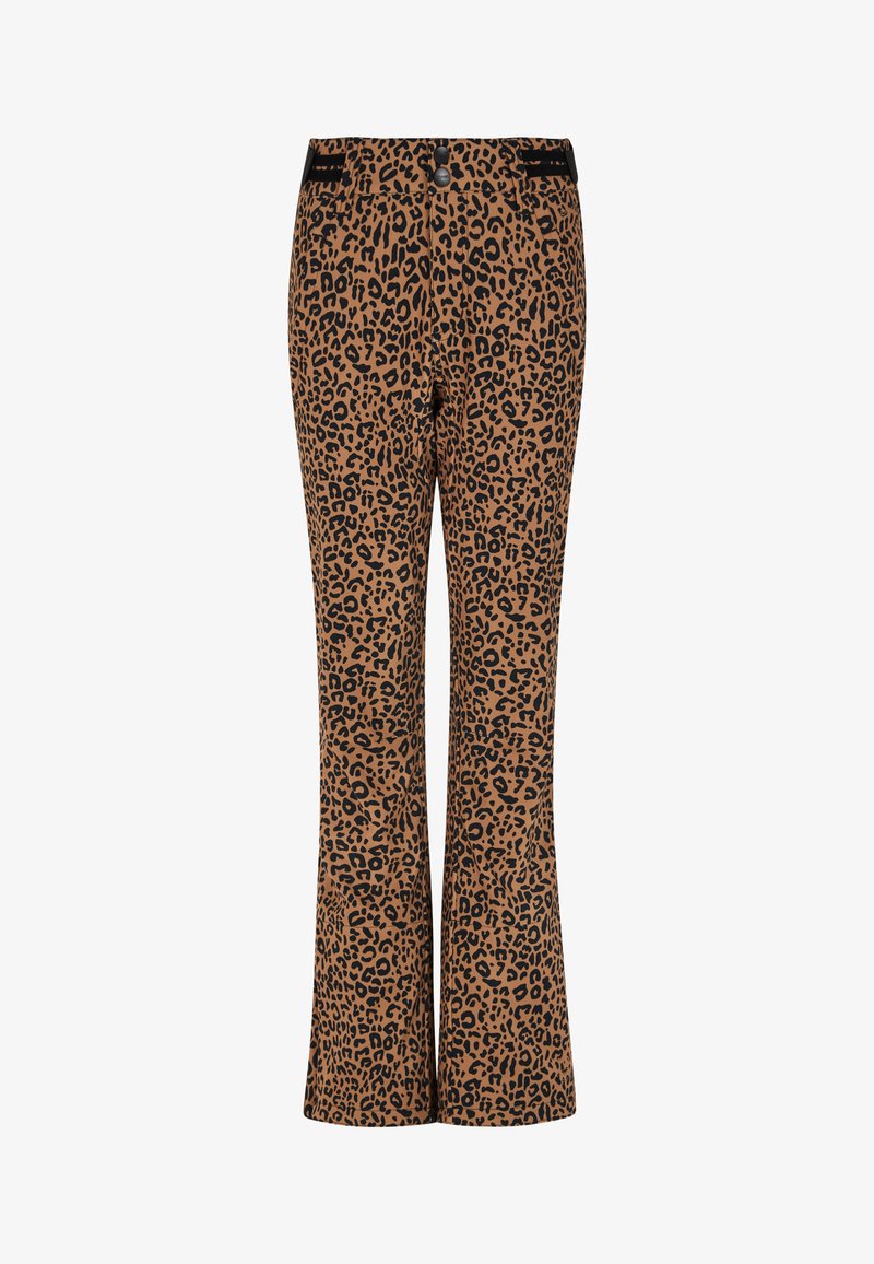Kalhoty s leopardím vzorem do zvonu v hnědé a černé barvě, s knoflíkovým zapínáním a dvěma předními kapsami. Vyrobeny z hladkého, stretchy materiálu.