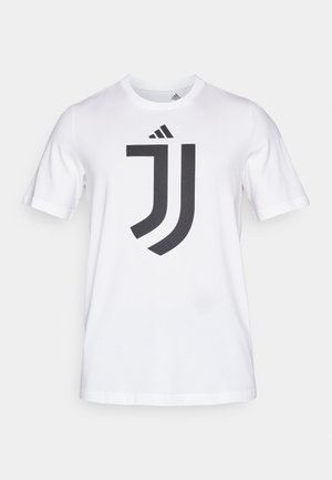 Hvid bomulds T-shirt med korte ærmer, der har et stort sort Juventus-logo design på forsiden. Rund halsudskæring, normal pasform.