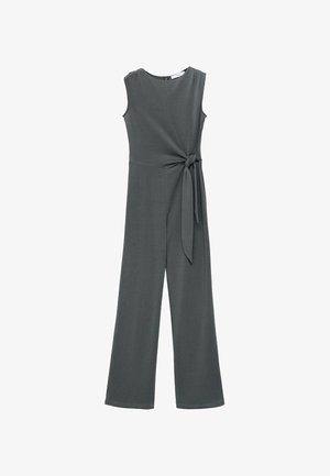 Ärmlös grå jumpsuit i smidigt material, med midjeband och vida ben för en lös passform.