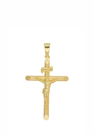 Goldener Kreuzanhänger, der Jesus mit ausgebreiteten Armen am Kreuz zeigt und eine kleine INRI-Plakette darüber.