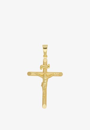 Goldener Kreuzanhänger, der Jesus mit ausgebreiteten Armen am Kreuz zeigt und eine kleine INRI-Plakette darüber.