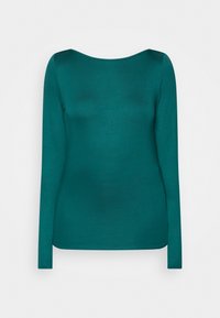 Långärmad, teal topp gjord av slätt tyg med rundad halsringning och figurnära design. Inga synliga mönster eller detaljer.