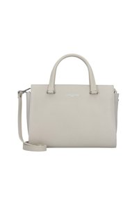 Bolso estructurado de color gris claro con asas dobles en la parte superior y una correa de hombro desmontable. Exterior texturizado y logotipo en relieve en la parte frontal.