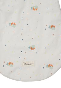 Baumwollstoff in Weiß mit bunten Sprenkeln. Mit Cartoon-Rehfüchsen auf Abrollungen. Enthält das "Sterntaler"-Label am unteren Rand.