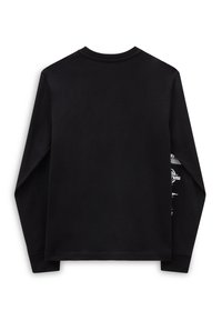 Černá dlouhá tričko s dlouhým rukávem vyrobené z bavlny s kulatým výstřihem. Na levém rukávu je bílý grafický potisk. Hladká textura.