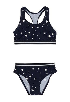 Marineblauwe zwemset met een sterrenpatroon, inclusief een racerback top en een bijpassende hoge taille onderkant met witte accentstrepen.