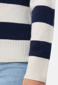 Maglione a righe navy e crema con una consistenza morbida. Presenta polsini a coste in colori alternati. Jeans in denim azzurro chiaro visibili sotto.