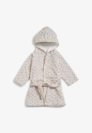 Hættebadekåbe i blød beige stof med pink blomsterprint, frontknapper og bælte i taljen. Har en bomuldsforing og sidelommer.