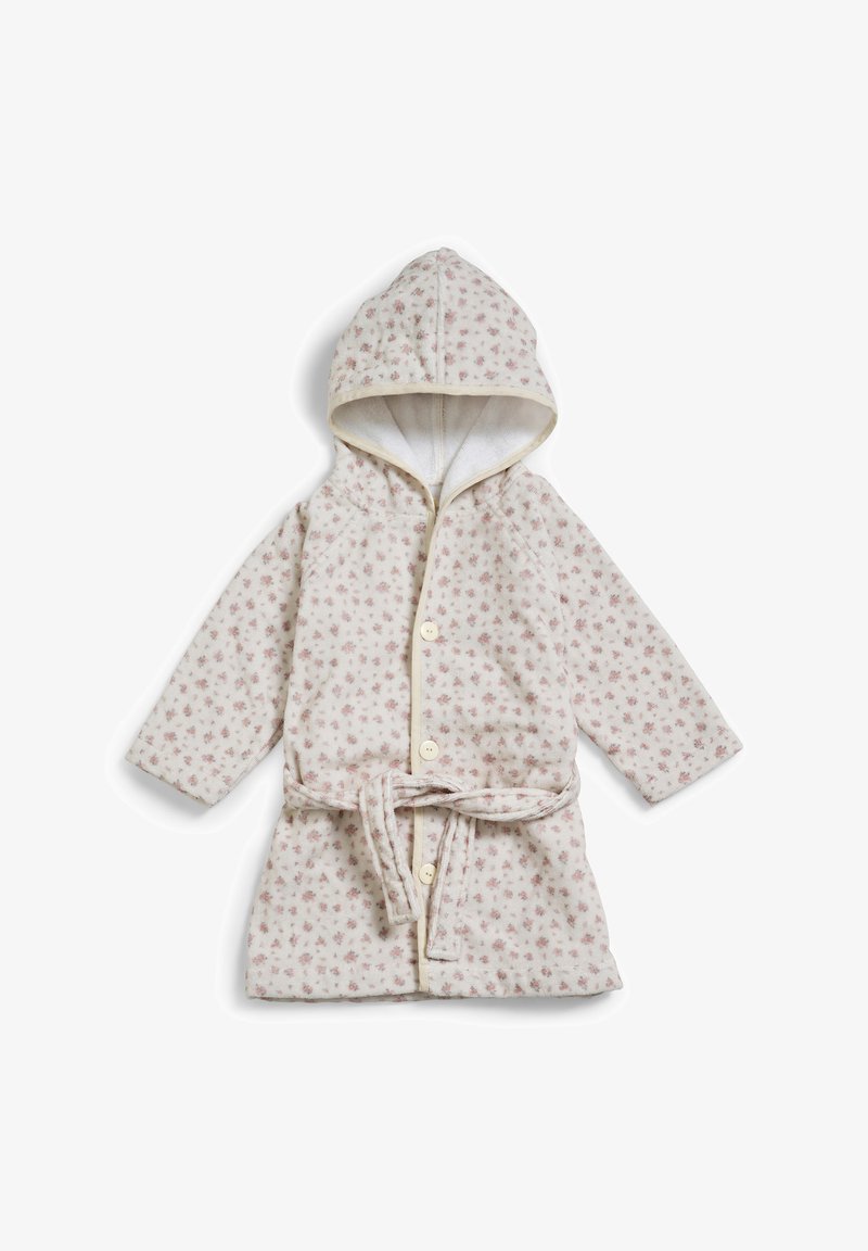 Hooded bathrobe in soft beige fabric with pink floral print, front buttons, and a waist tie. Features a cotton lining and side pockets.