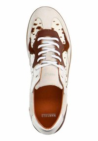 Sneaker with brown leather accents, cream suede, and spotted calf hair upper. White laces, rounded toe, and tan inner lining.