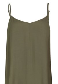 Olivgrünes Spaghetti-Träger-Top, leichtes Material, V-Ausschnitt, glatte Textur, lockere Passform, minimale Details.