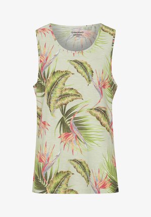 Blomstrete ermeles topp i lys grønn, med livlige tropiske blader og fugler av paradis-mønstre. Myk tekstur, rund halsutringning.