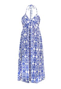 Vestido maxi blanco con patrón floral azul, escote en V, tirantes halter y silueta tipo A. Tela ligera y diseño vaporoso.