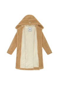 Manteau à capuche en polaire beige avec une texture douce et pelucheuse. Intérieur doublé d'un tissu crème lisse. Comprend des manches longues et une coupe décontractée.
