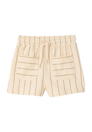 Beige terry cloth shorts with vertical brown stripes, elastic waistband, drawstring, and two front patch pockets.
