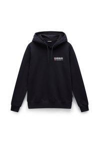 Black hooded sweatshirt with front pocket, ribbed cuffs, and hem. Logo graphic on chest. Made from soft, textured fabric.