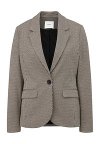 Blazer femme à un bouton avec motif texturé noir et blanc, col à revers cranté et deux poches avant à rabat.