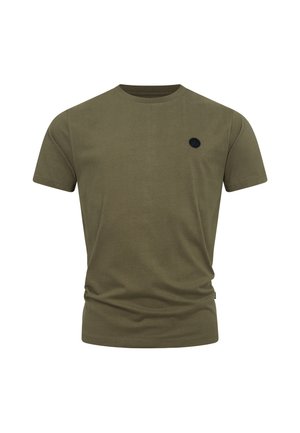 Olive green cotton t-shirt featuring a round neckline, short sleeves, and a black circular logo patch on the left chest.
