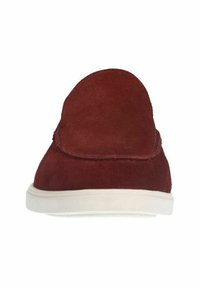 Red suede slip-on shoe with a rounded front, white rubber sole, and minimal stitching detail. Soft texture provides a casual look.