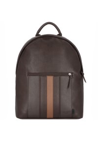 Mochila de cuero marrón con parte superior redondeada, que incluye un bolsillo con cremallera en el frente y rayas verticales en un marrón más claro. Superficie texturizada.