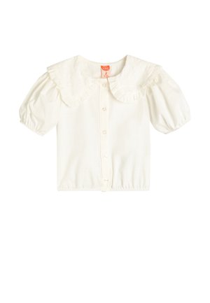Weiße Baumwollbluse mit großem, Rüschensaum, kurzen Puffärmeln und einer Knopf-Front mit kleinen Knöpfen. Mit strukturierten Details.