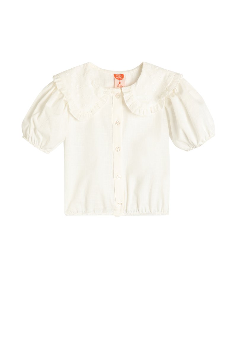 Weiße Baumwollbluse mit großem, Rüschensaum, kurzen Puffärmeln und einer Knopf-Front mit kleinen Knöpfen. Mit strukturierten Details.