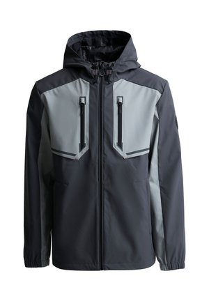 Wasserdichte Herrenjacke mit Kapuze in dunkel- und hellgrau, vorne mit Reißverschluss und vertikalen, mit Reißverschluss verschließbaren Brusttaschen.