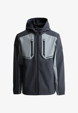 Férfi kapucnis vízálló dzseki sötétszürke és világosszürke színben, elülső cipzárral és függőleges cipzáras mellzsebekkel.