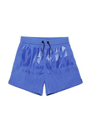 Costume da bagno da uomo blu con lacci neri e grande logo "DIESEL" lucido stampato sulla parte anteriore.